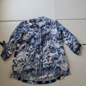 John Mark Shirt Womens Small Blue Floral Button Front 3/4 Sleeve Tunic Top